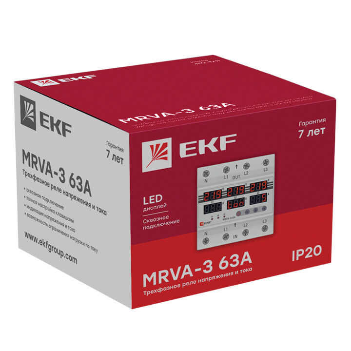 Реле контроля 3-фаз. напряжения и тока MRVA-3 63A EKF PROxima